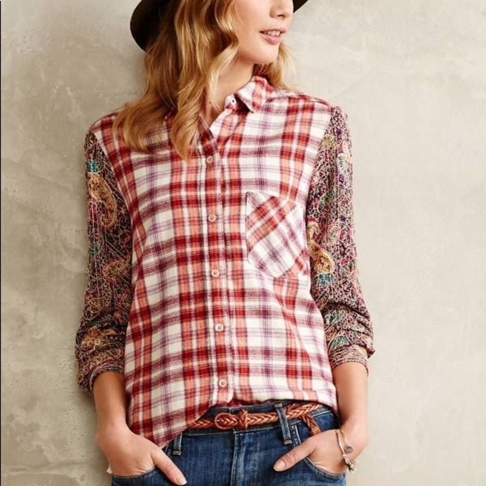 Holding Horses Anthropologie Plaid Button Down Shirt Size XS Mixed Fabric